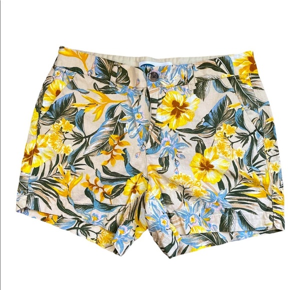 Old Navy Tan Tropical Every day Mid Rise Linen blend Shorts size 10 - Picture 1 of 9